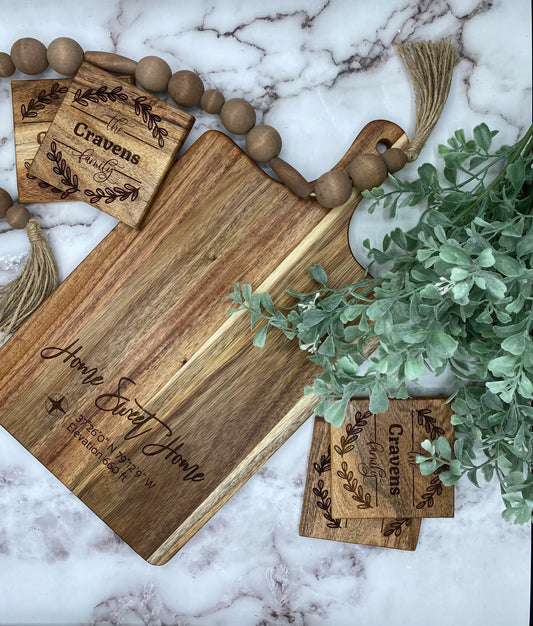Personalized New Home Gift - Charcuterie Cutting Board and Coasters Gift Set