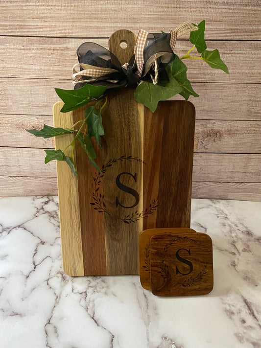 Personalized Monogram Charcuterie Cutting Board and Coasters Gift Set