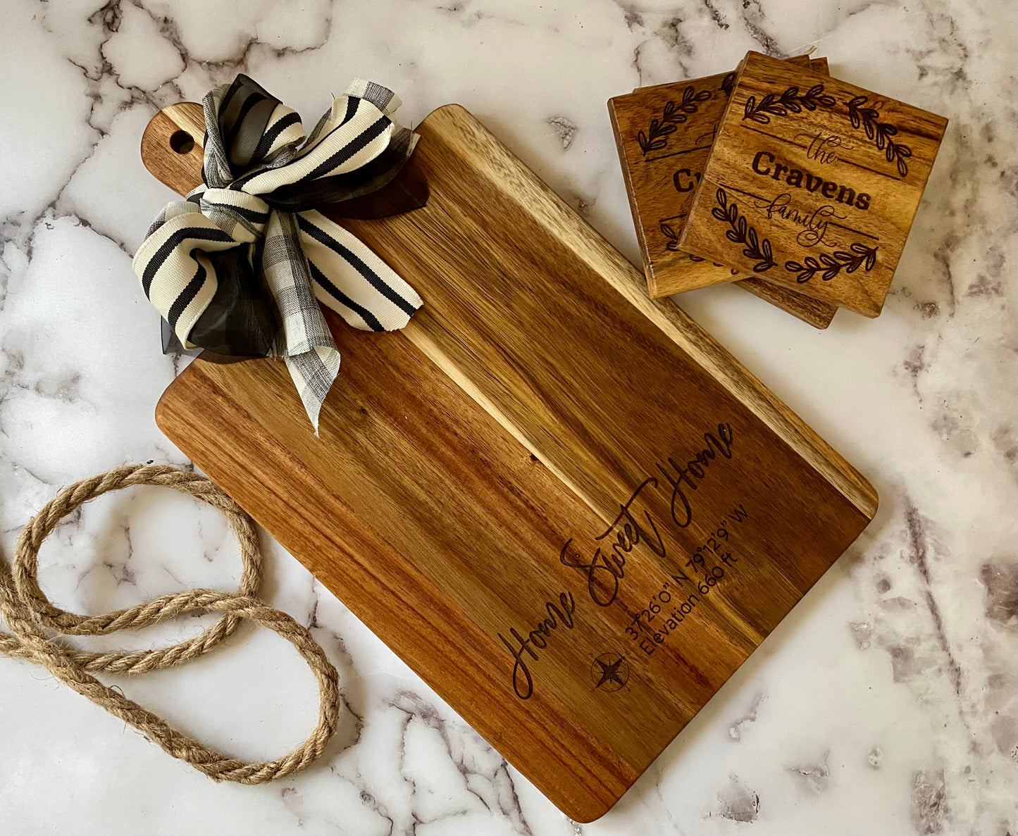 Personalized New Home Gift - Charcuterie Cutting Board and Coasters Gift Set
