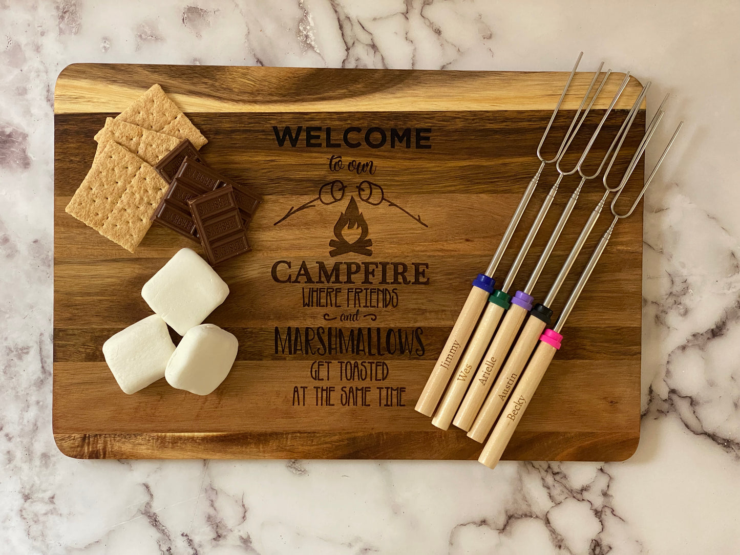 Campfire or Fire pit S'mores Station with 5 personalized telescoping roasting forks