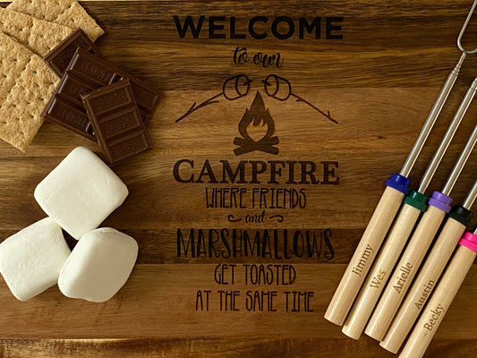 Campfire or Fire pit S'mores Station with 5 personalized telescoping roasting forks
