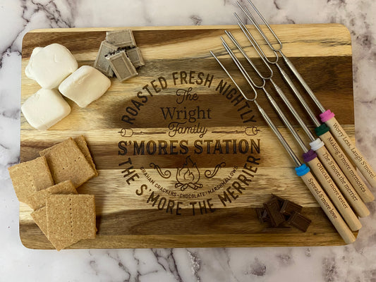 Personalized S'mores station with personalized telescoping marshmallow roasting forks