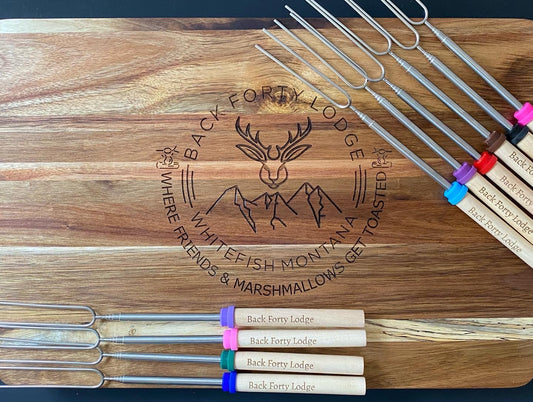 Branded  S'mores Station Board and Set of 10 Roasting Forks for your Short-Term Rental/Airbnb/VRBO