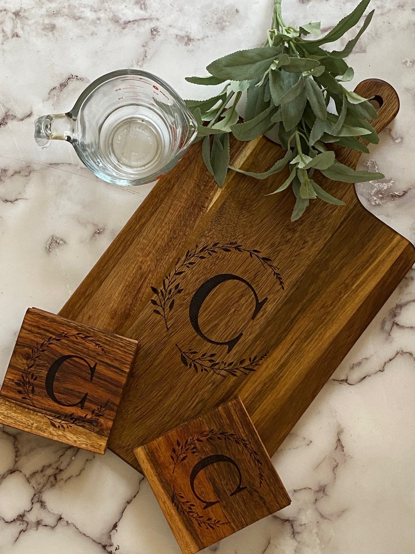 Personalized Monogram Charcuterie Cutting Board and Coasters Gift Set